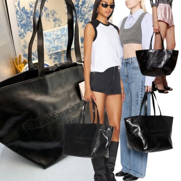 🆕 ALEXANDER WANG 🧿 NWOT Punch Crackle Leather Tote, Black Leather - AUTHENTIC - Picture 1 of 16